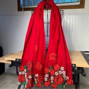 Vibrant Red Scarf Wrap 100-%‎ wool It has small holes,but they are very small.